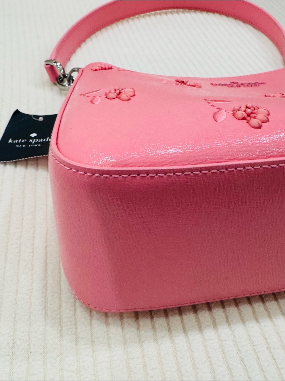 kate spade New Pink Embossed Floral Beaded Leather shoulder bag Crossbody strap - Picture 8 of 11